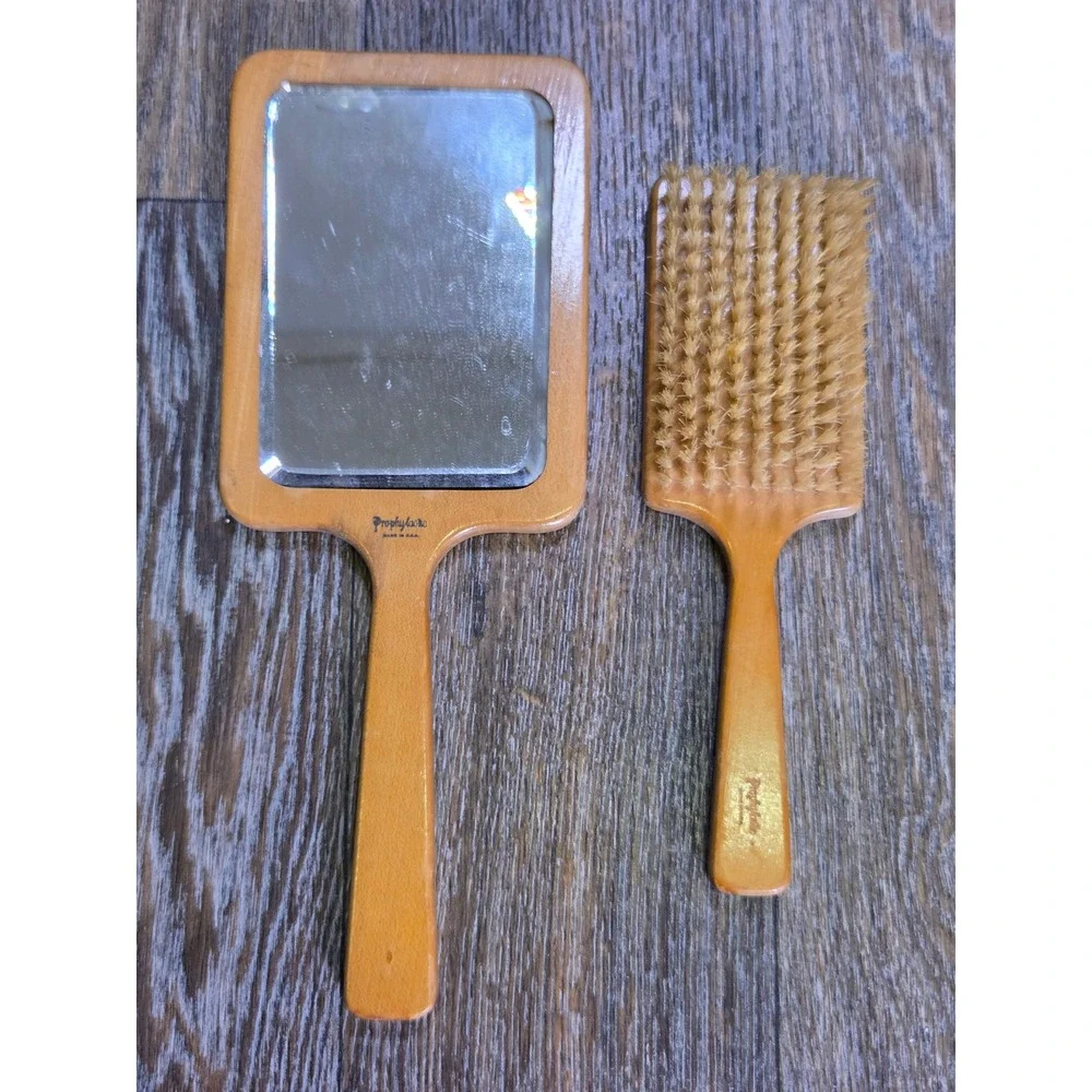 Vintage Prophylactic Wood Vanity Set Hand Mirror & Hair Brush Folk Art Lady USA